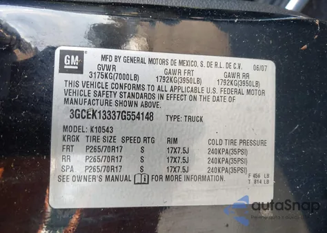 2007 Chevrolet Silverado 1500 Lt2 из США, поврежденный, VIN 3GCEK13337G554148